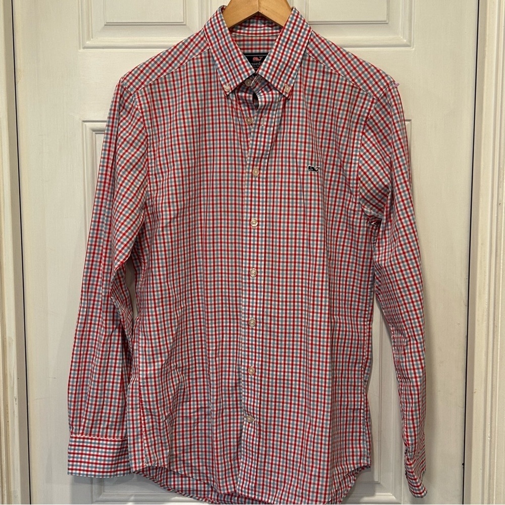 Vineyard Vines Slim Fit Whale Shirt Long Sleeve Red Blue Check Button Down Small